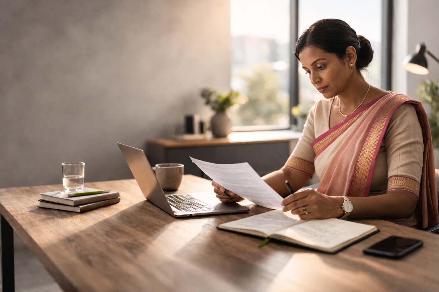 Leader reviewing notes and articles in a bright, minimal workspace, reflecting before making a decision.
