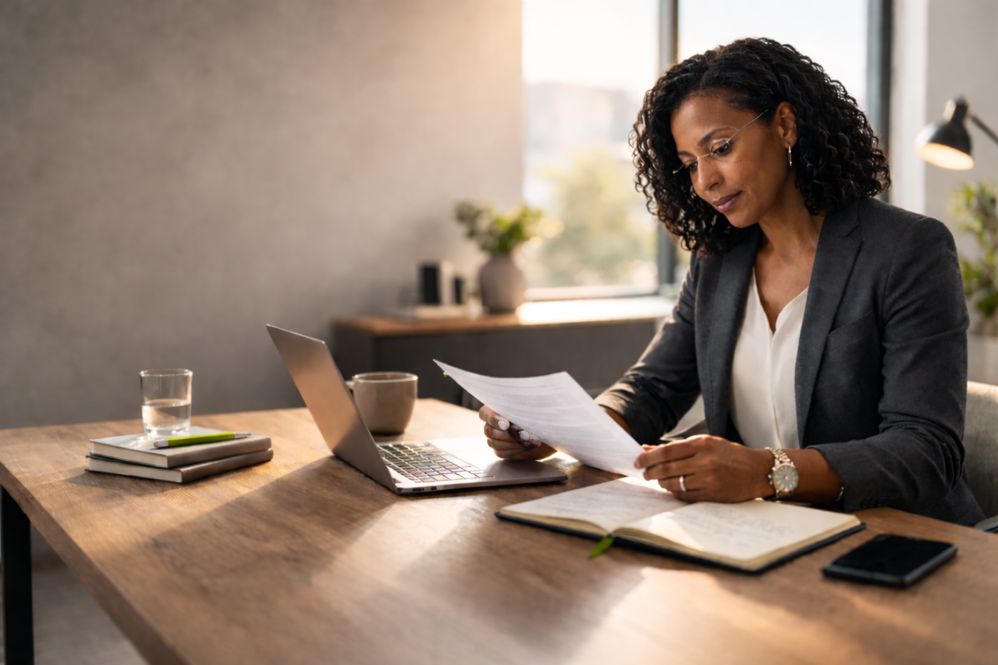 Leader reviewing notes and articles in a bright, minimal workspace, reflecting before making a decision.